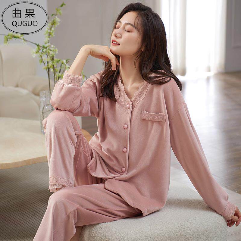 女士睡衣秋冬季长袖弹性海岛绒冬天珊瑚绒法兰绒薄款女家居服套装