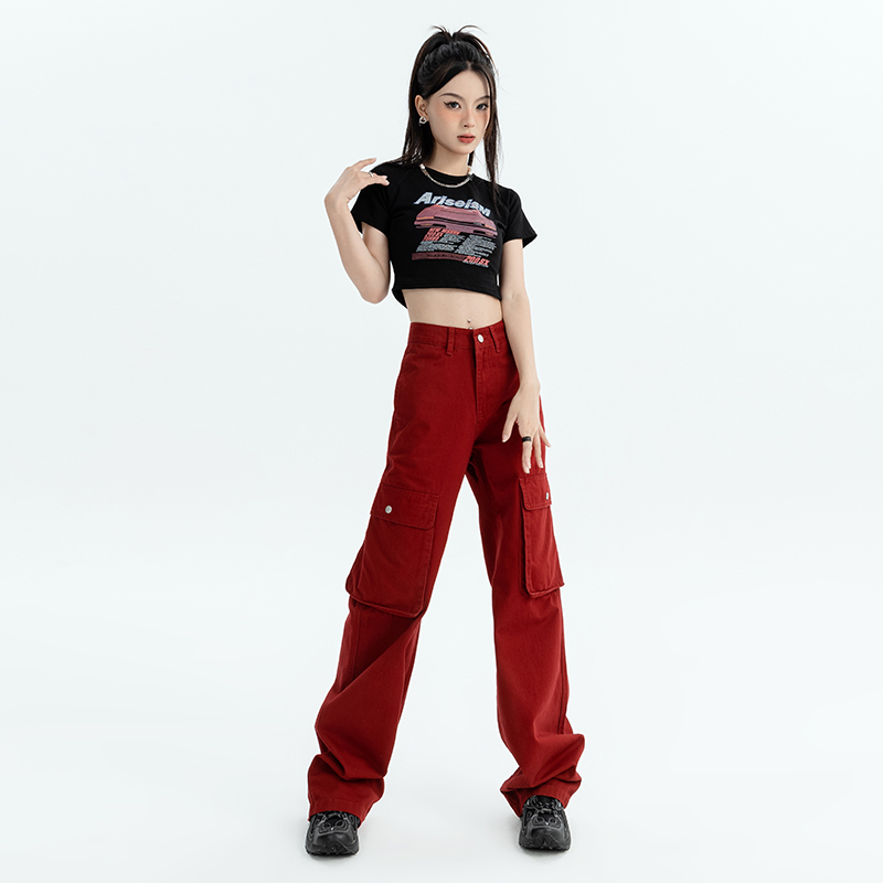 KRO红色美式工装裤女2023新款机能风辣妹多口袋休闲宽松阔腿裤子