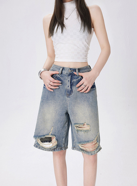 KRO2024夏季复古水洗直筒高腰破洞牛仔短裤女怀旧蓝五分阔腿中裤