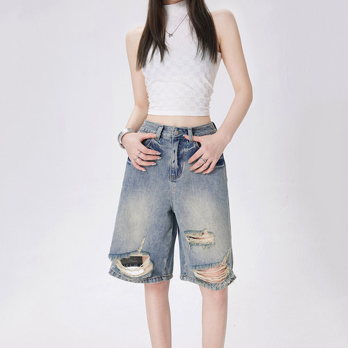 KRO牛仔短裤五分阔腿高腰