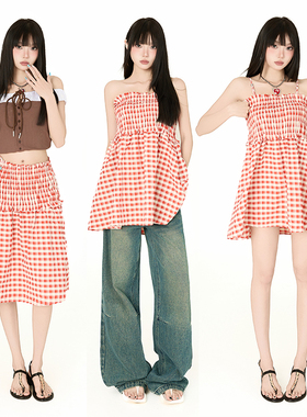 KRO夏季格纹抹胸背心裙两穿小众设计感新款半身裙休闲松弛度假风