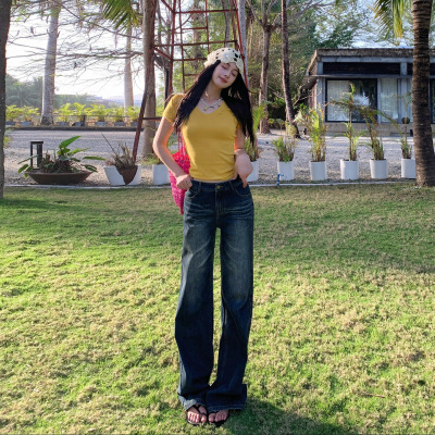 KRO美式复古微喇牛仔裤女2025新款拖地长裤微直筒百搭休闲裤