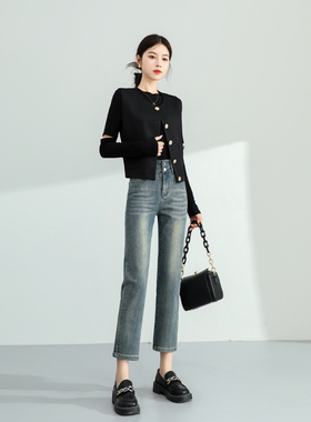 KRO小个子直筒牛仔裤女2024早春新款高腰显瘦九分烟管裤