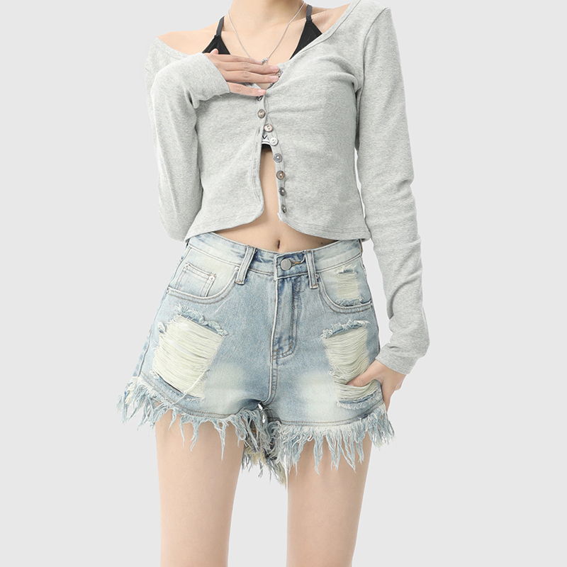 KRO毛边破洞短裤显瘦复古