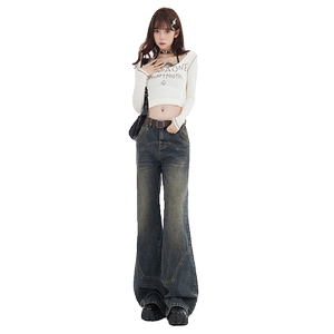 KRO美式复古高腰牛仔裤女2023新款小众宽松显瘦微喇阔腿拖地长裤