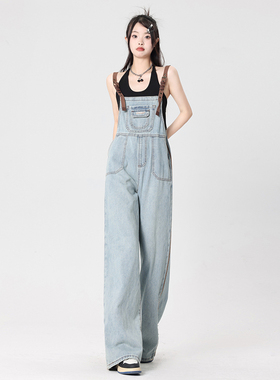 KRO工装牛仔背带裤女2025新款宽松显瘦皮扣吊带减龄连体阔腿长裤