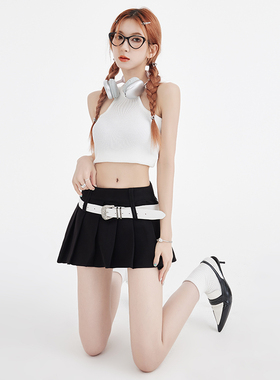 KRO美式辣妹半身短裙2025新款高腰显瘦百褶裙黑色百搭休闲A字短裙