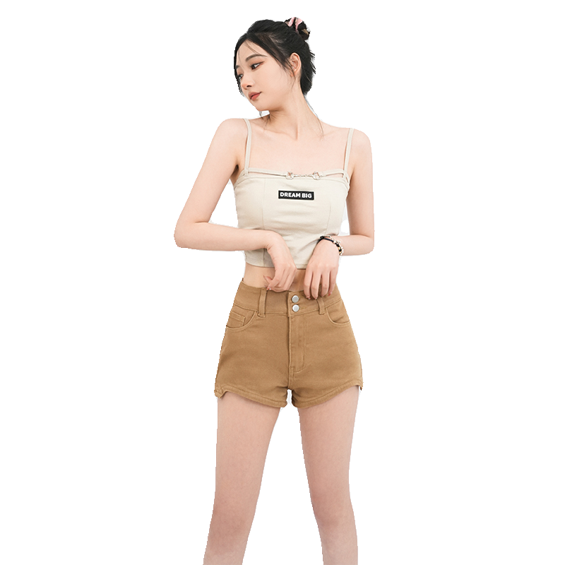 KRO夏季美式复古高腰双扣不规则热裤时尚百搭包臀A字弹力牛仔短裤