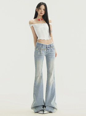 KRO浅色美式微喇牛仔裤女新款蕾丝拼接低腰修身显瘦弹力马蹄裤子