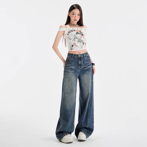 KRO复古水洗高腰阔腿牛仔裤女