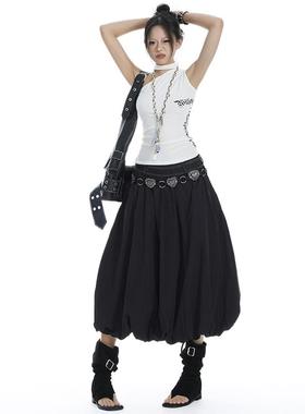 KRO春季新款小众黑色拼接花苞半身裙女高级百搭泡泡蓬蓬中长裙子