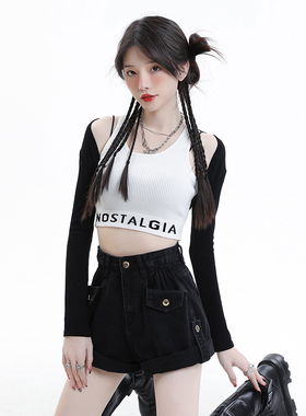 KRO高腰卷边牛仔短裤女2025新款港风百搭宽松阔腿A字高街辣妹热裤