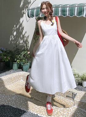 KRO韩版V领显瘦无袖吊带连衣裙女春夏季2024新款收腰a字休闲长裙