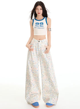 KRO白色小鱼印花涂鸦直筒牛仔裤女新款高腰垂感宽松显瘦阔腿裤子