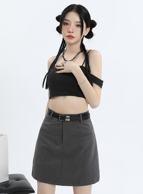 KRO夏季灰色高腰防走光包臀半身裙百搭新款显瘦学院风西装A字短裙