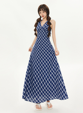 【吴优推荐】KRO夏季连衣裙女格纹收腰修身显瘦设计感挂脖长裙