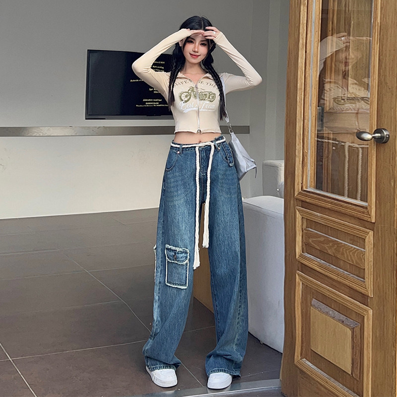 KRO韩潮高腰阔腿牛仔裤女2025新款直筒大口袋设计宽松显瘦拖地裤,女装/女士精品,牛仔裤,淘宝优惠券,粉丝福利购,淘宝优惠卷