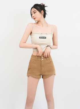 KRO夏季美式复古高腰双扣不规则热裤时尚百搭包臀A字弹力牛仔短裤