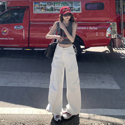 KRO美式复古高街宽松阔腿裤口袋工装裤百搭春夏直筒牛仔裤女新款