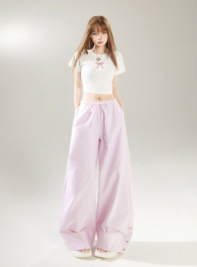 KRO低腰条纹阔腿休闲裤女2025春季新款慵懒抽绳蕾丝垂感拖地裤