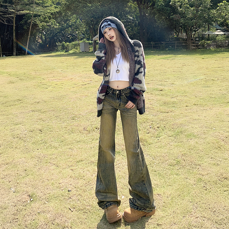 KRO KRO复古泥黄牛仔裤女春秋新款美式高街宽松直筒水洗做旧阔腿