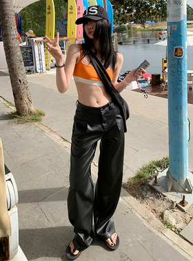 KRO黑色PU高腰辣妹皮裤女2025新款美式显瘦百搭直筒阔腿休闲长裤