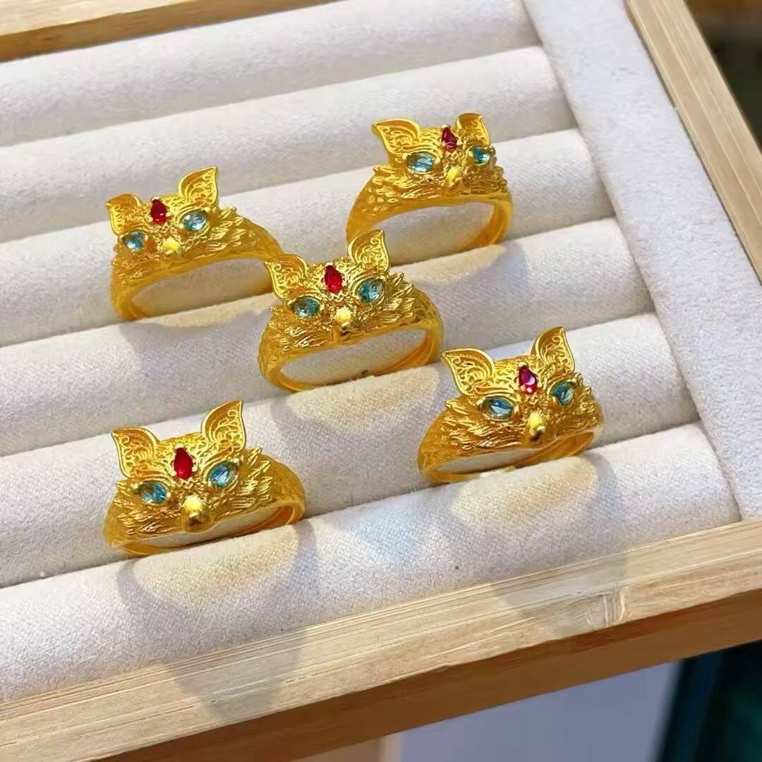 新中式国潮风沙金妲己狐狸戒指立体灵狐可调节戒指精致女生送礼物