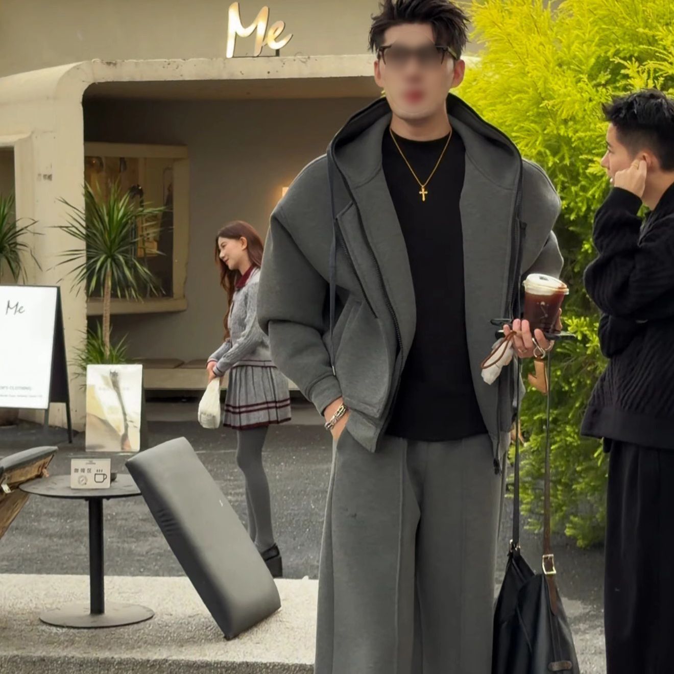 老刘直播款 秋冬重磅连帽卫衣套装男简约廓形宽松外套直筒卫裤潮