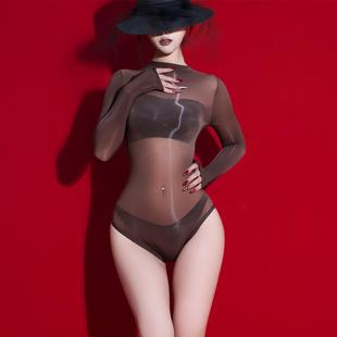 5D超薄油亮透视长袖泳衣性感诱惑紧身全透明开裆免脱黑丝丝袜内衣