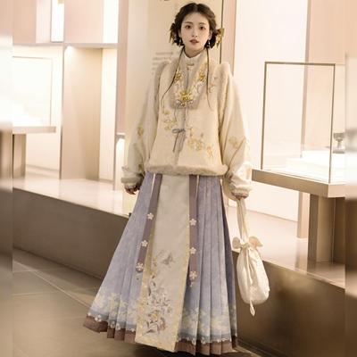 原创汉服女【远山乔-莳绘金缮】明制加绒马甲琵琶袖马面裙套装冬