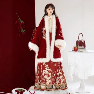 原创汉服女【山茶雪花】明制加绒长短袄立领衫马面裙日常套装冬款