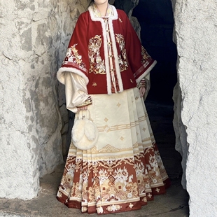 原创汉服女【福年】明制加绒加厚方领披袄红色马年拜年服套装冬款