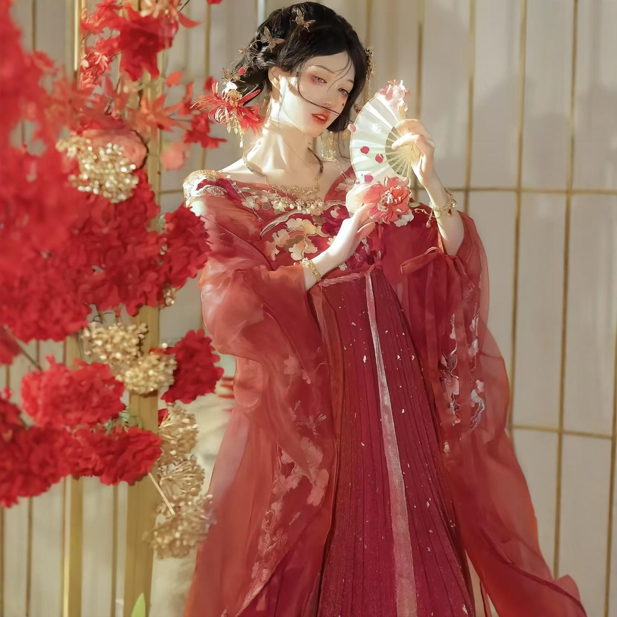 原创汉服女【三雨集-金风玉露】唐制魏晋南北朝齐胸襦裙红色套装