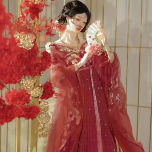 原创汉服女【三雨集-金风玉露】唐制魏晋南北朝齐胸襦裙红色套装