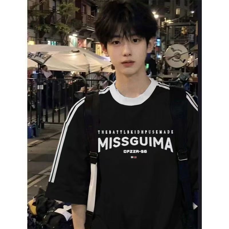 美式纯棉三条杠短袖t恤男青少年夏季初中高中学生韩版宽松上衣潮