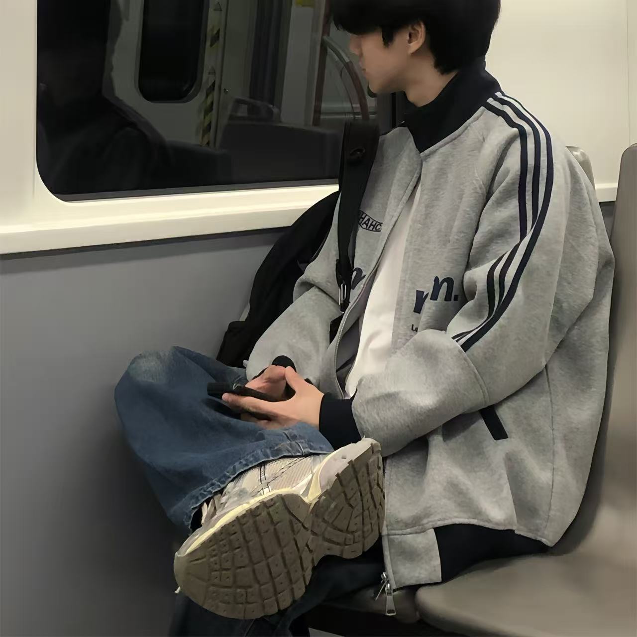 撞色三条杠立领开衫卫衣男大童春秋薄款初中高中学生宽松夹克外套