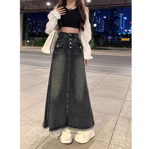 胖mm大码女装高腰毛边牛仔半身裙