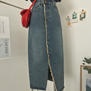 特大码 300斤开叉牛仔半身裙女胖mm松紧腰显瘦不规则毛边a字中长裙