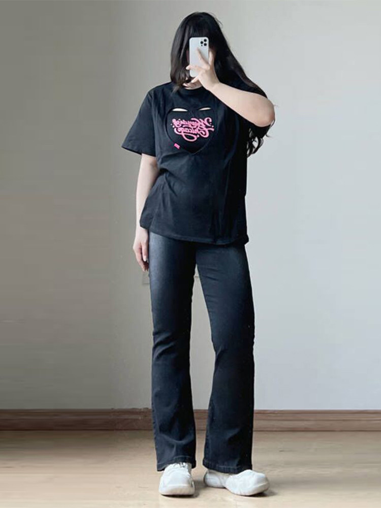 KING SIZE WOMENS BLACK FLARED PANTS WOMENS SUMMER 2024 NEW CHUBBY MM THIN FLARED PANTS JEANS