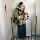 300斤胖mm大码 复古羊羔毛牛角扣连帽外套女深冬独特超好看棉服潮