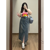 300斤大码 胖mm梨形显瘦a字半裙 新款 女装 毛边开叉牛仔半身裙女夏季