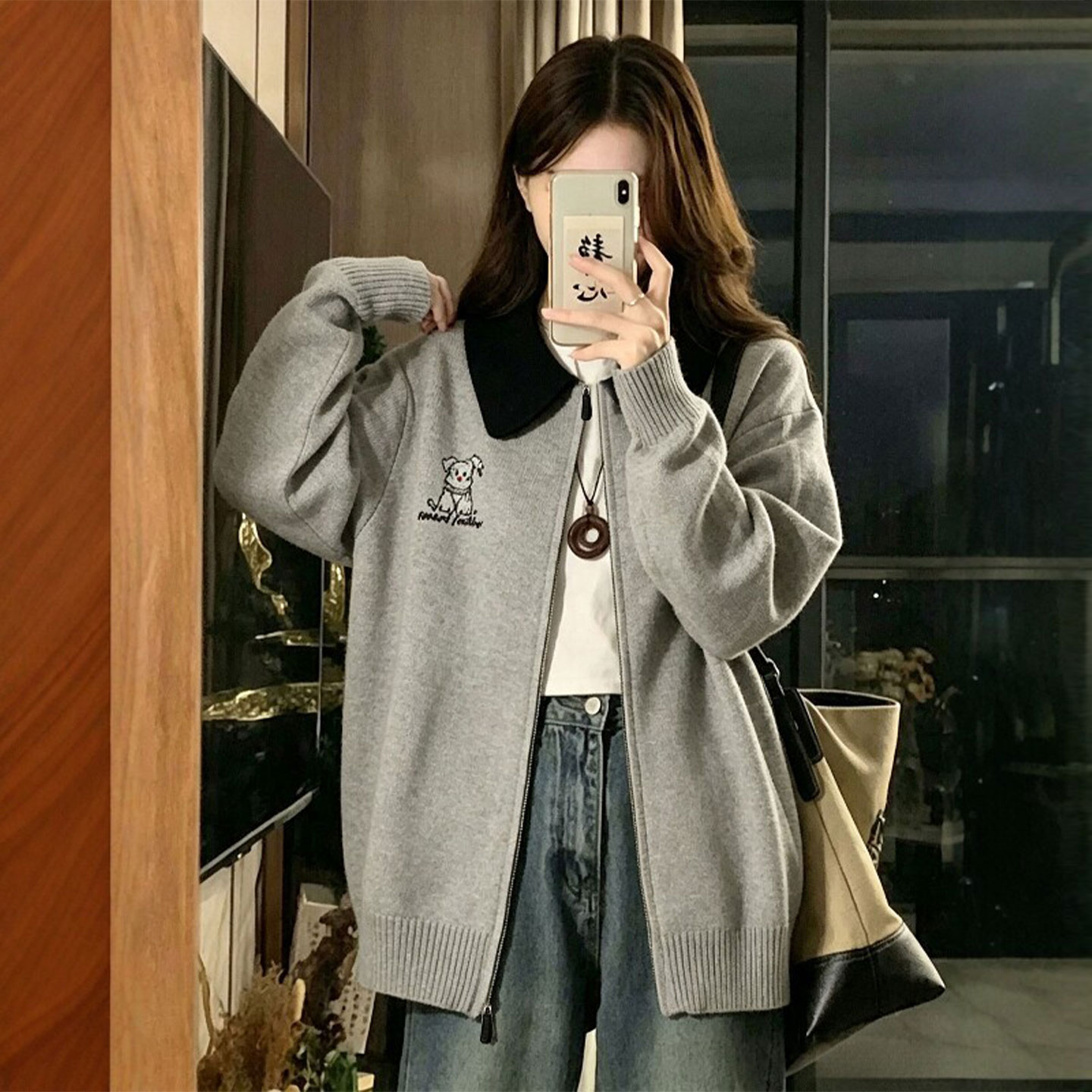 特大码女装灰色拼接撞色翻领针织开衫女胖mm卡通小狗刺绣宽松外套