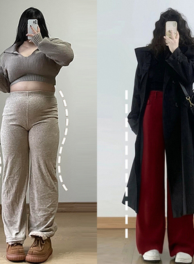 300斤特大码女装气质穿搭红色牛仔裤女冬季胖mm美式高街阔腿裤子