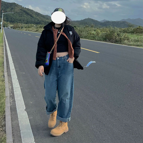 特大码高腰可调节腰围直筒牛仔裤