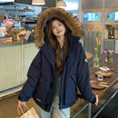 慵懒风派克服棉服 藏青色复古加厚夹棉连帽外套女胖mm美式 大码 女装