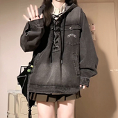 复古设计感牛仔外套女秋季 300斤特大码 美式 宽松做旧水洗连帽卫衣