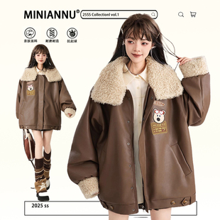 300斤大码 遮肉显瘦皮衣棉服女胖mm咖色宽松加厚保暖夹克外套 女装