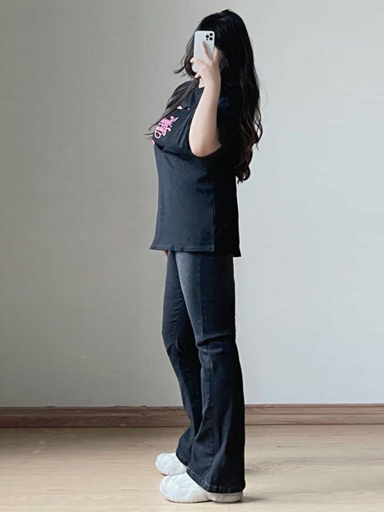 KING SIZE WOMENS BLACK FLARED PANTS WOMENS SUMMER 2024 NEW CHUBBY MM THIN FLARED PANTS JEANS