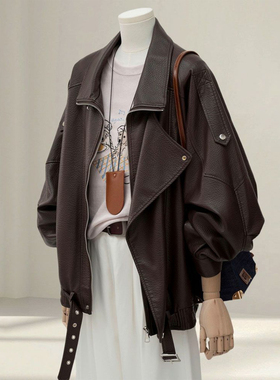 大码女装胖mm咖色宽松显瘦开衫皮衣外套女秋季美式高街夹克上衣潮