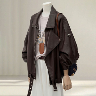美式 大码 皮衣外套女秋季 胖mm咖色宽松显瘦开衫 高街夹克上衣潮 女装